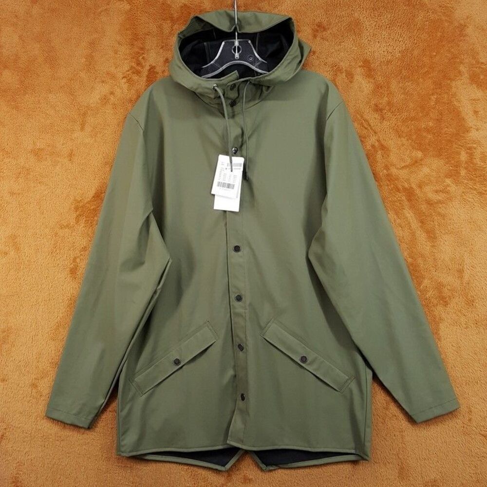 RAINS Jacket Medium Green Hooded Raincoat Mid Length Essential Rain Coat Unisex